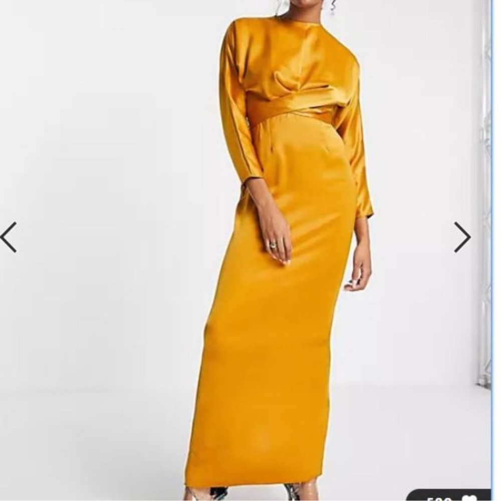 ASOS Satin Long Sleeve Cutout Maxi Dress in Mustard